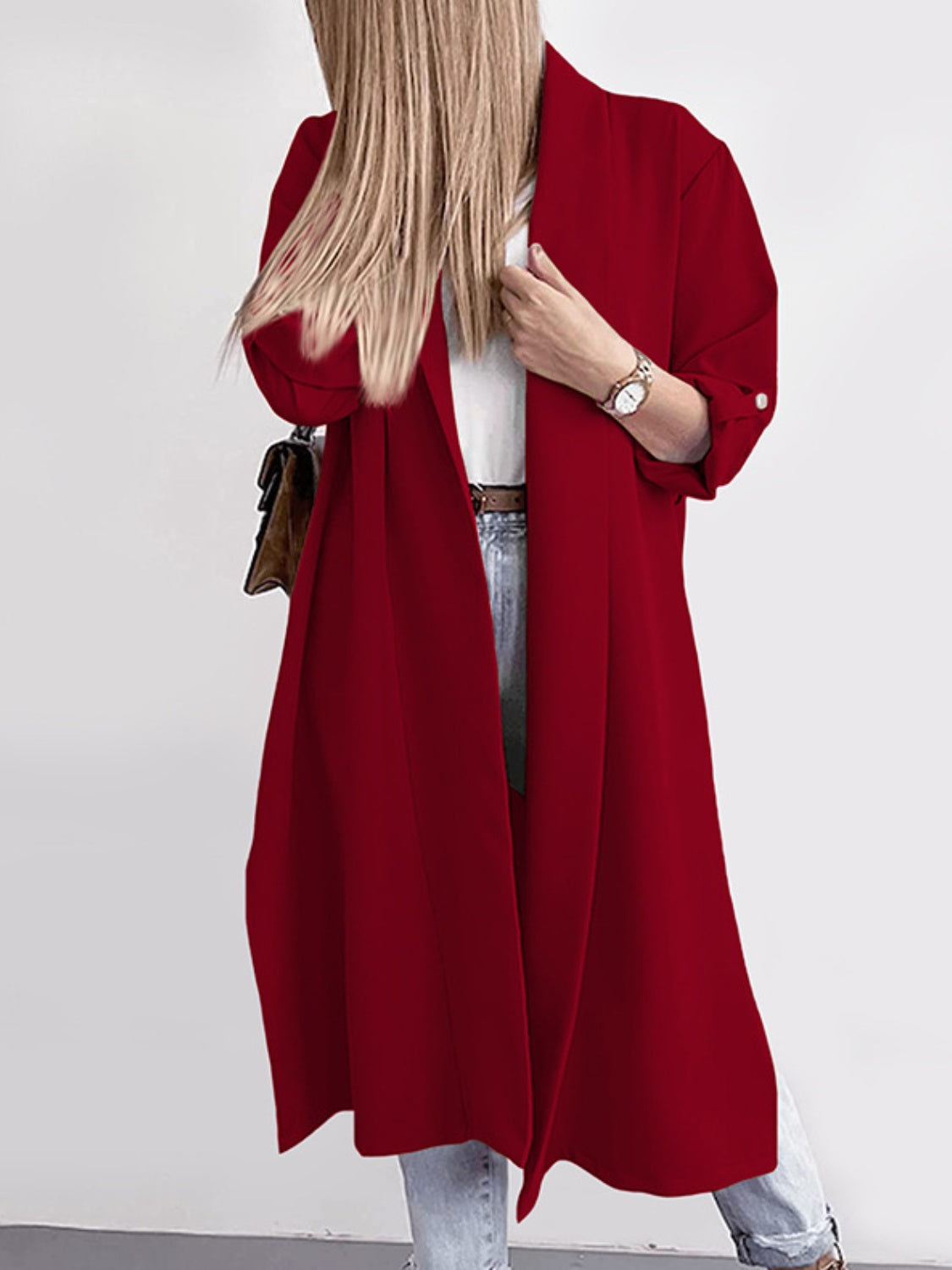 Slit Open Front Roll-Tab Sleeve Trench Coat