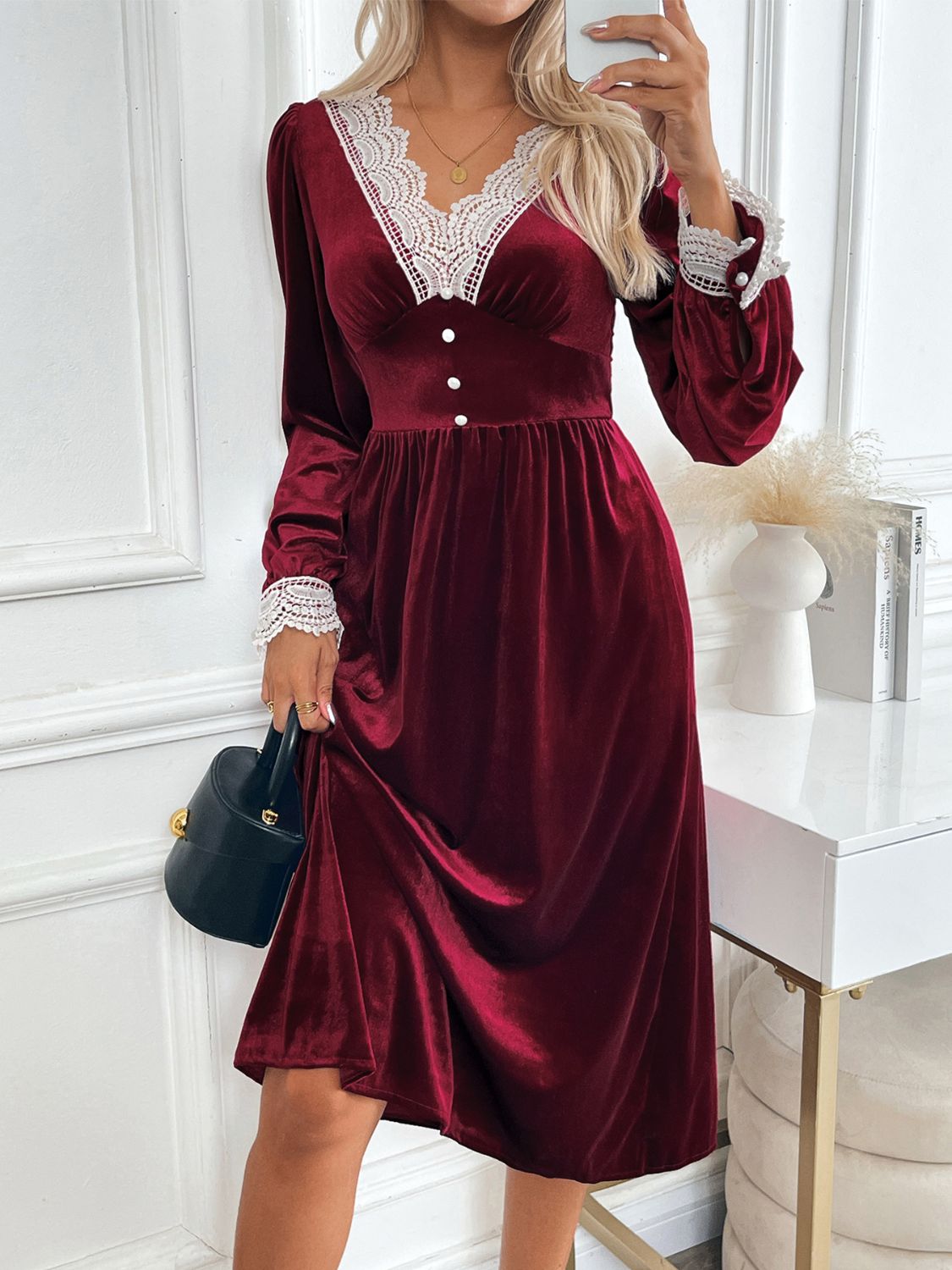 Perfee Lace Detail V-Neck Long Sleeve Midi Dress