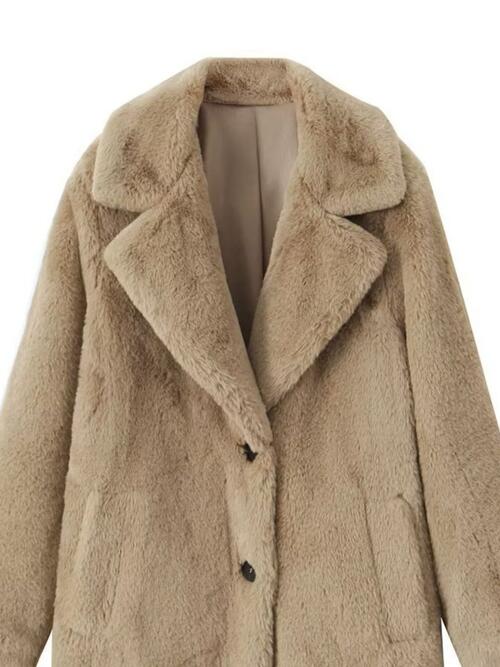 Faux Fur Button Up Lapel Neck Coat with Pocket