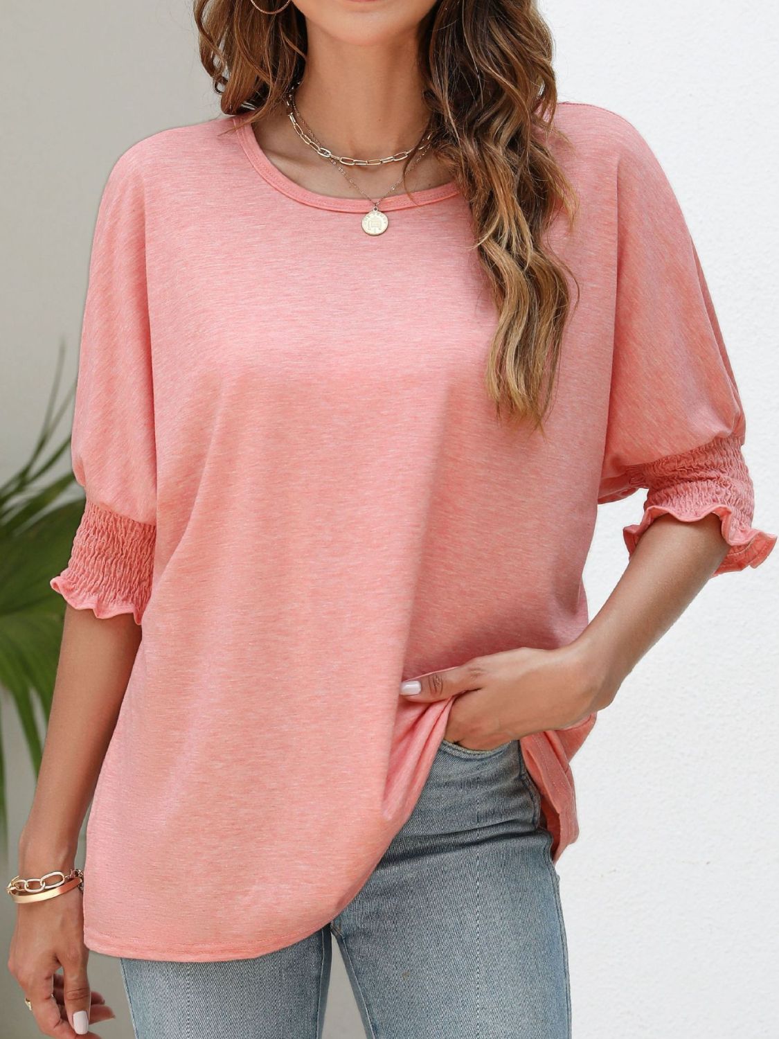 Smocked Flounce Sleeve Round Neck T-Shirt