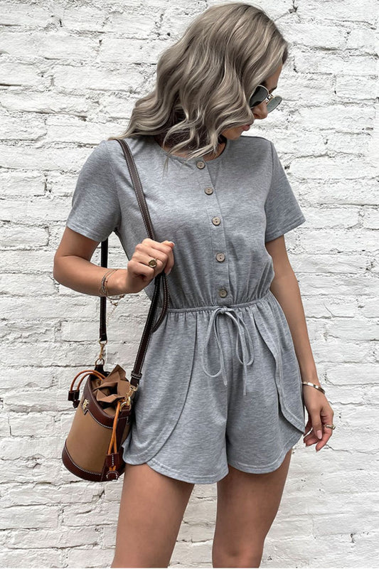 Buttoned Drawstring Round Neck Romper - FiveSeas Shop