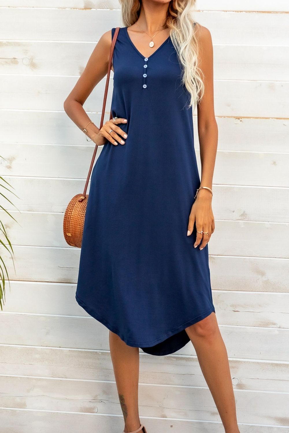 Buttoned V-Neck Curved Hem Sleeveless Dress