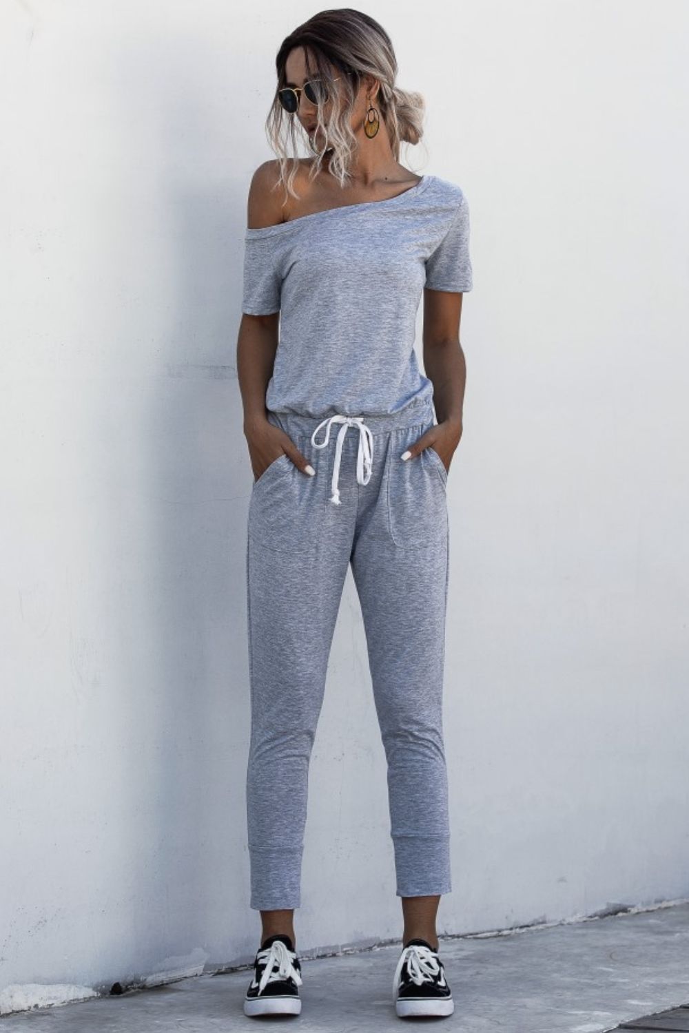 Asymmetrical Neck Tied Jumpsuit with Pockets