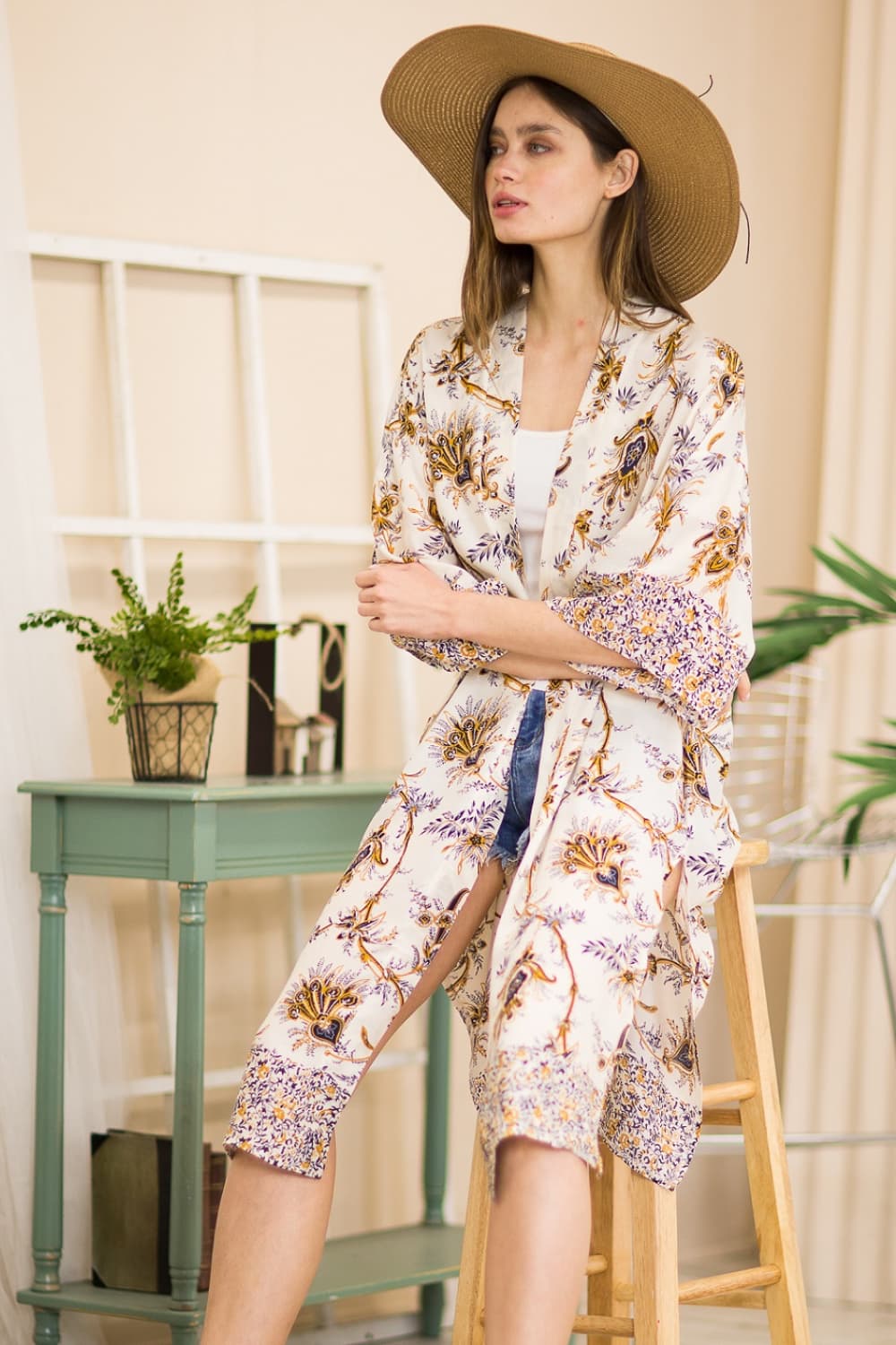 Justin Taylor Floral Open Front Slit Duster Cardigan