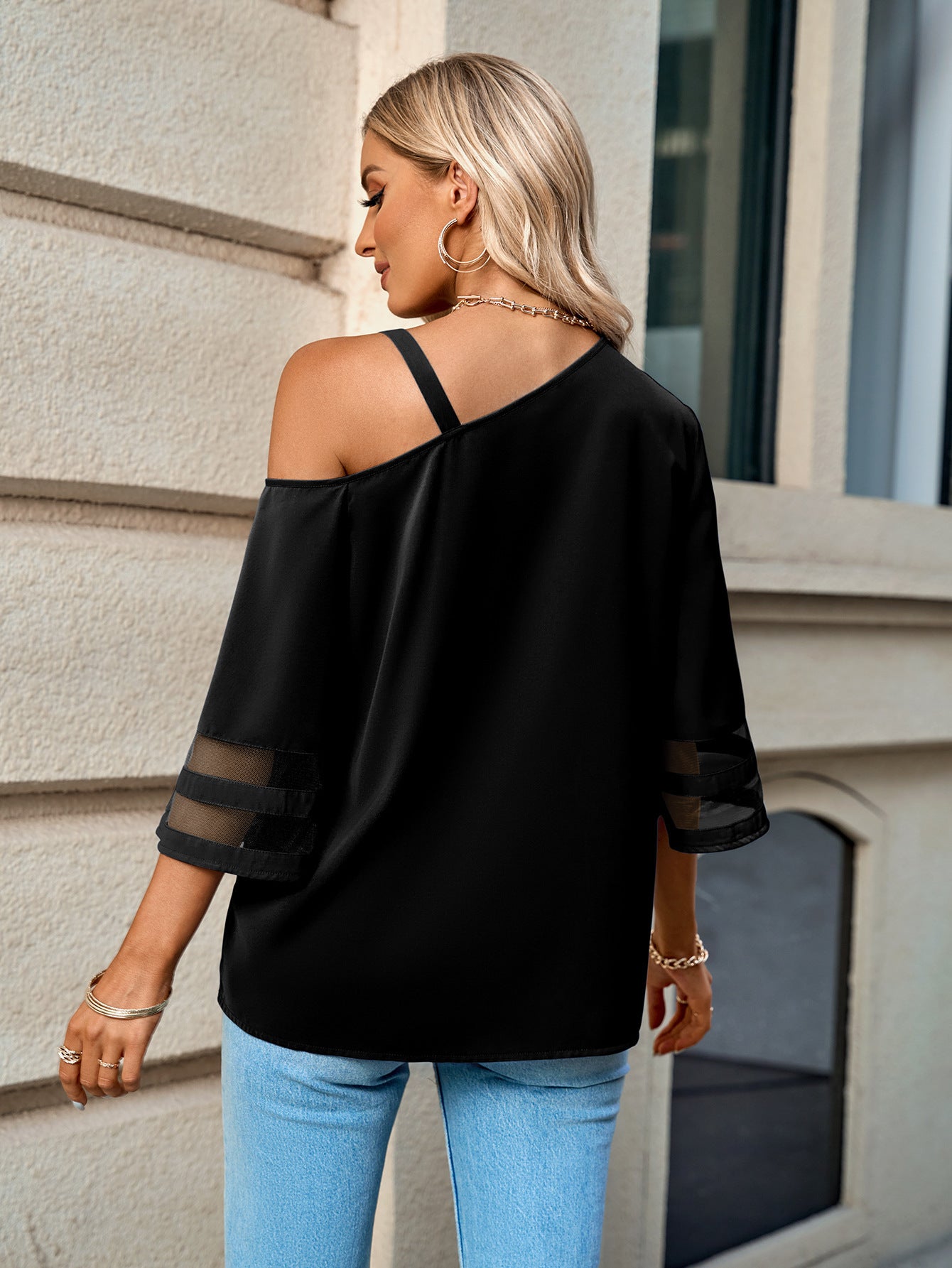 Asymmetrical Neck Sheer Striped Flare Sleeve Blouse