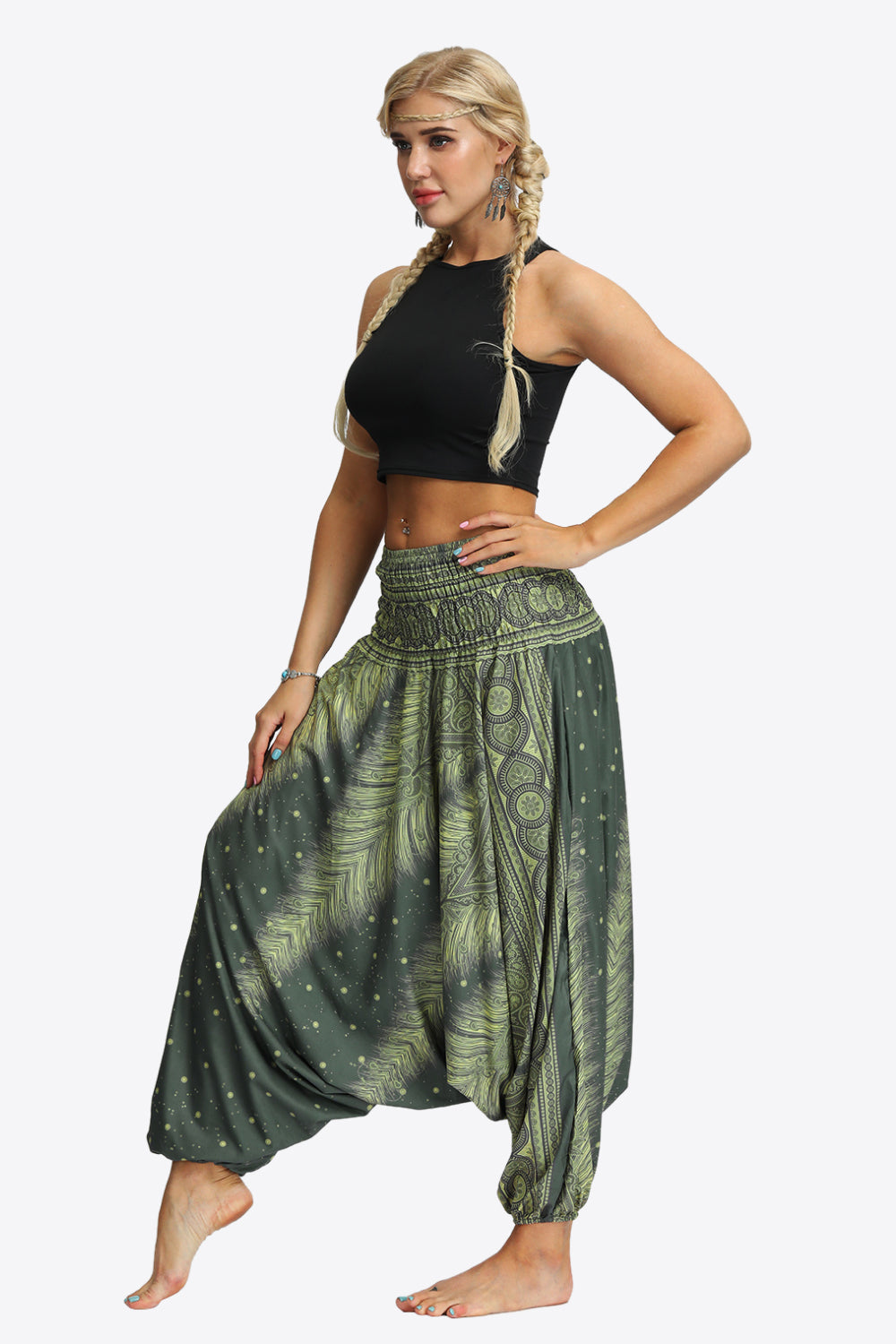 Printed Smocked Waist Harem Pants