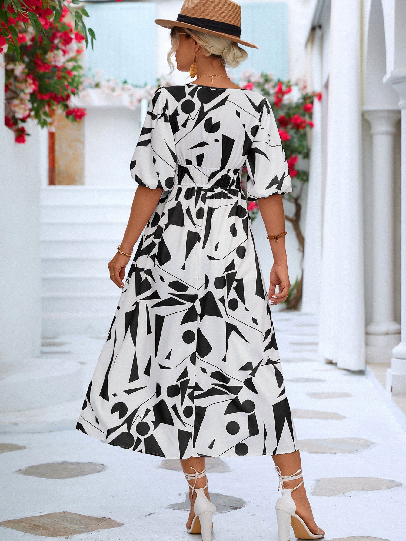 Printed Surplice Balloon Sleeve Dress