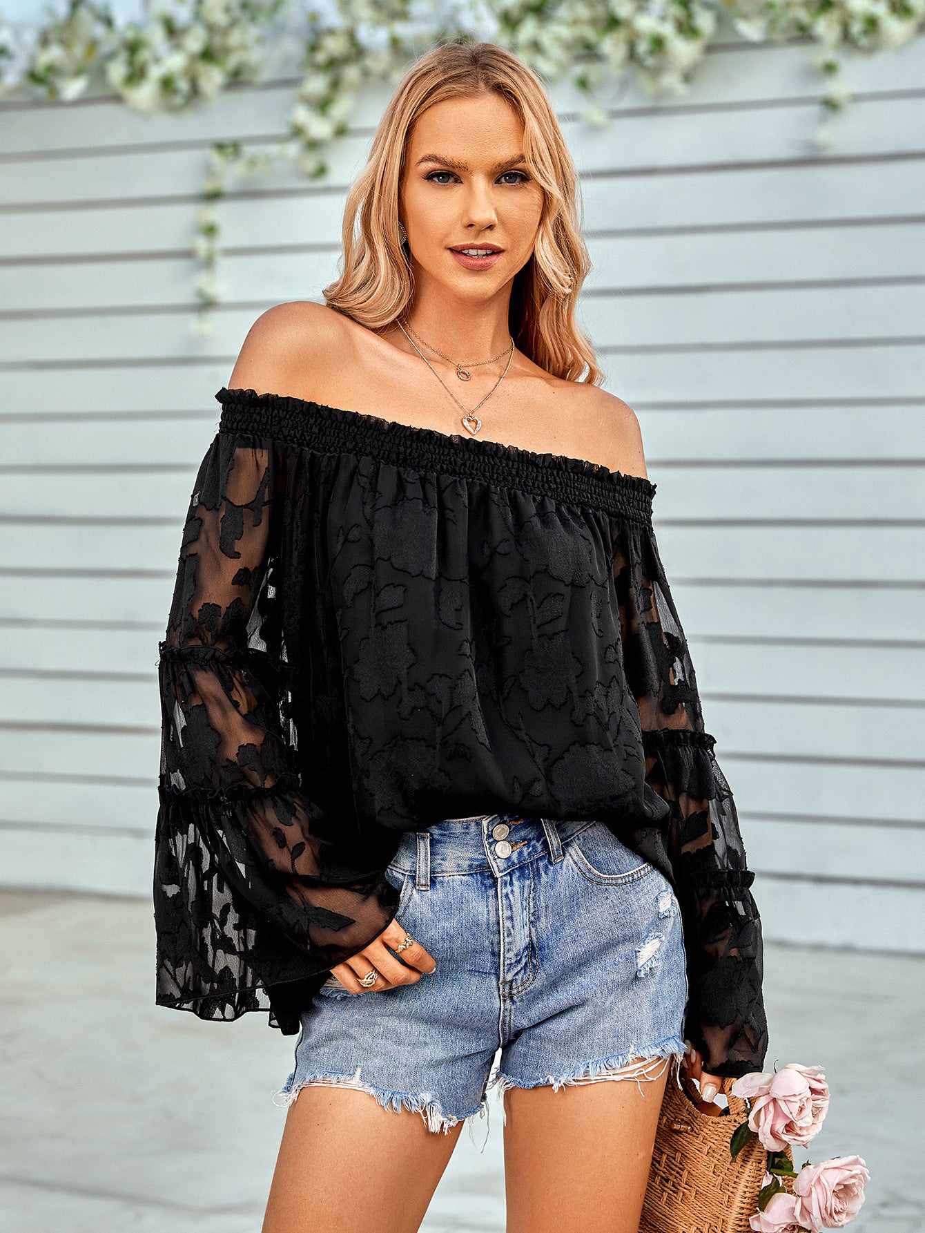 Applique Flounce Sleeve Off-Shoulder Blouse