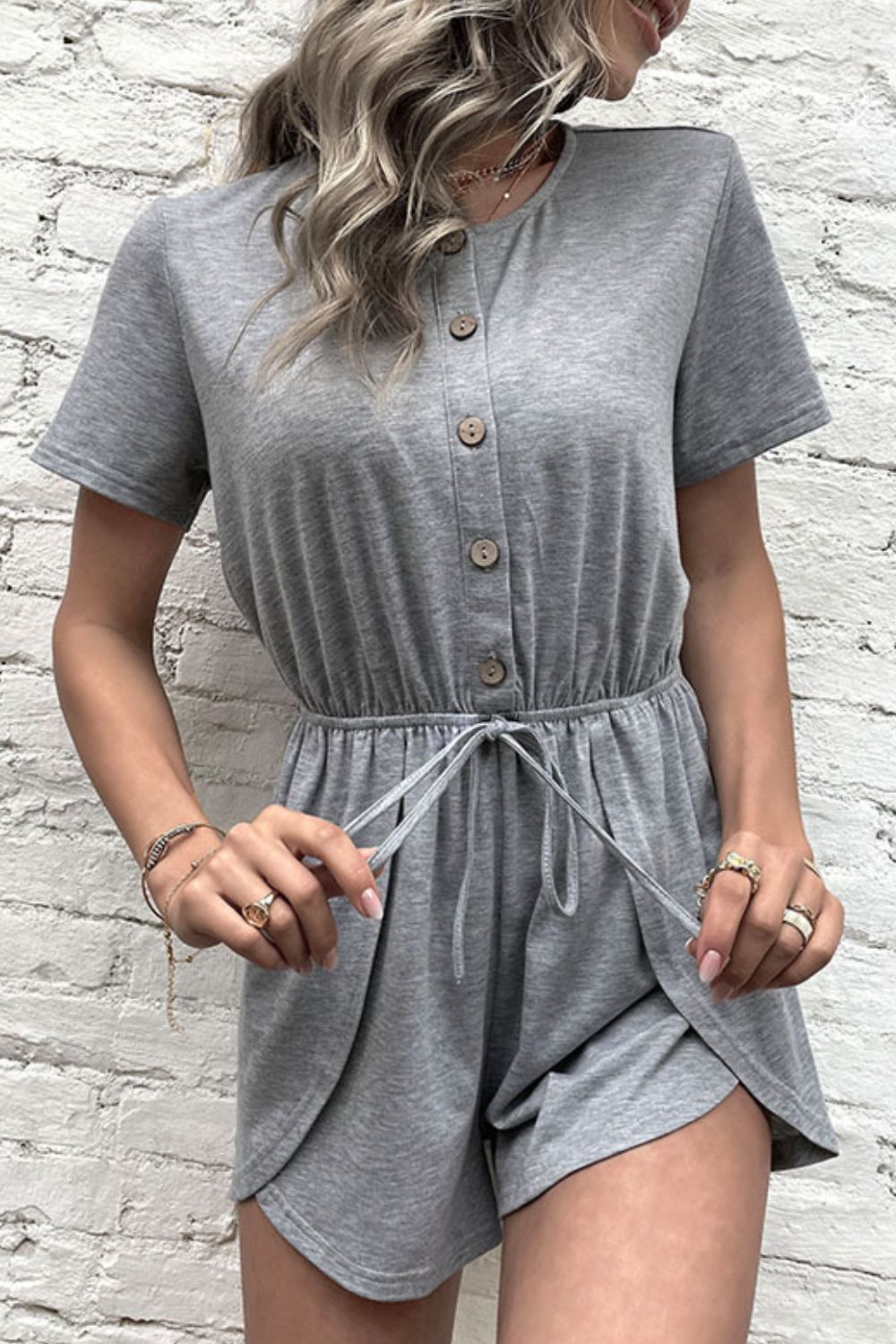 Buttoned Drawstring Round Neck Romper - FiveSeas Shop