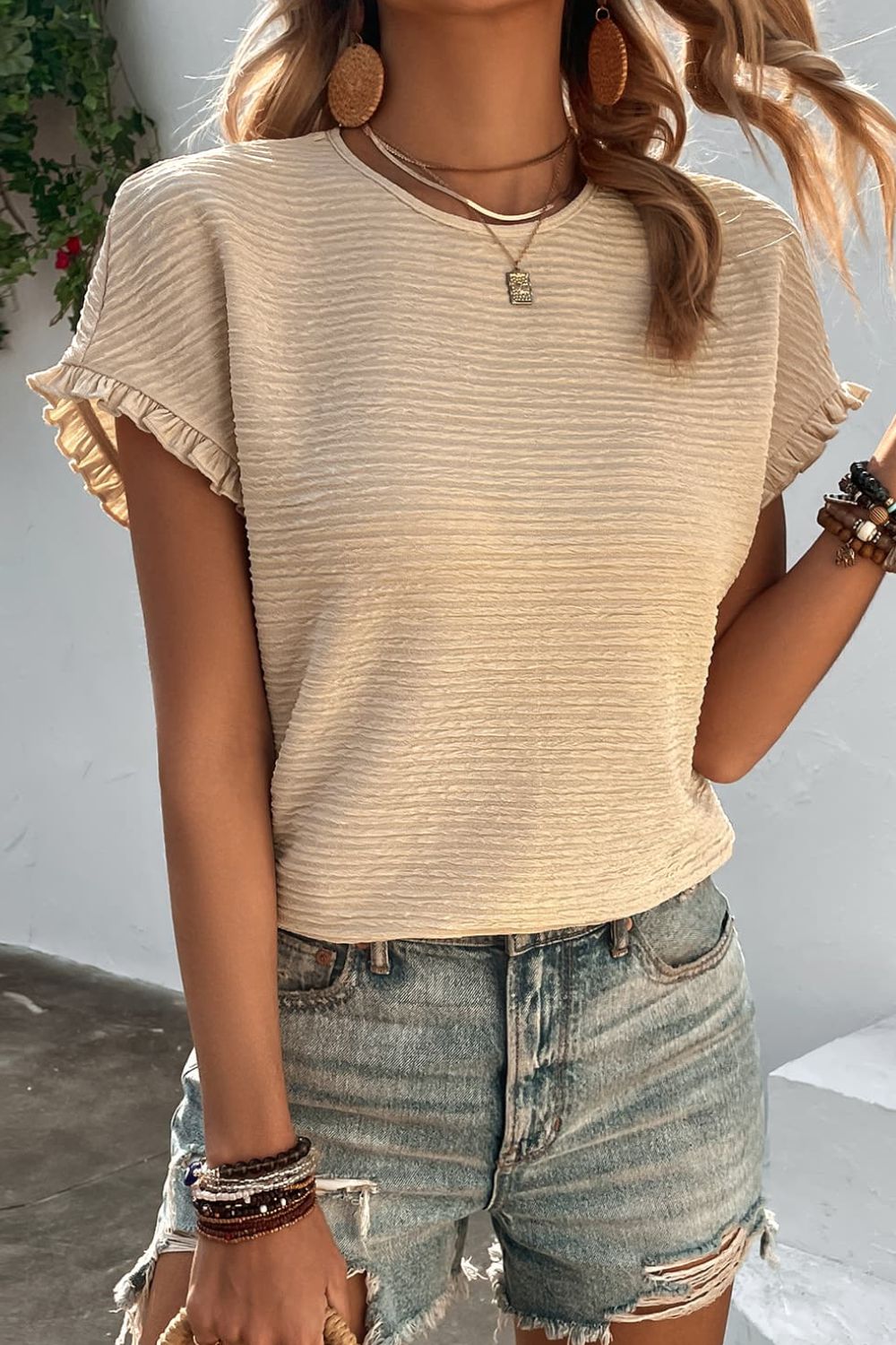 Textured Round Neck Short Sleeve Top