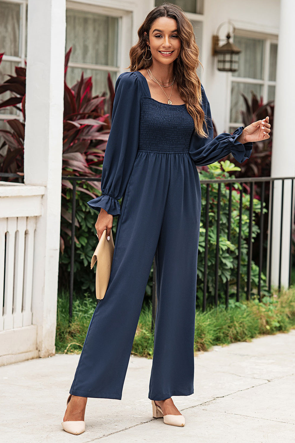 Smocked Long Flounce Sleeve Square Neck Jumpsuit