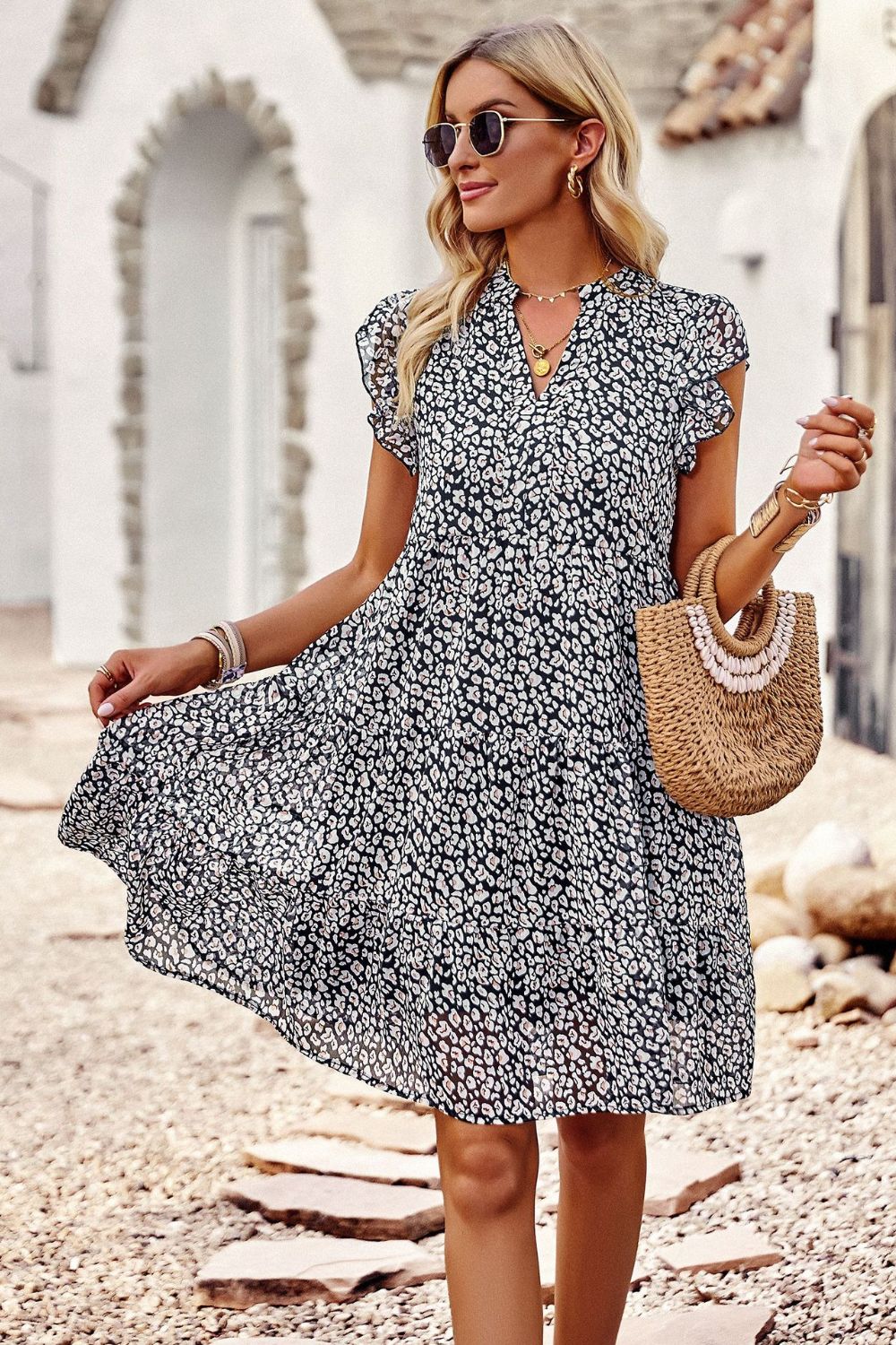 Floral Flutter Sleeve Notched Neck Tiered Dress