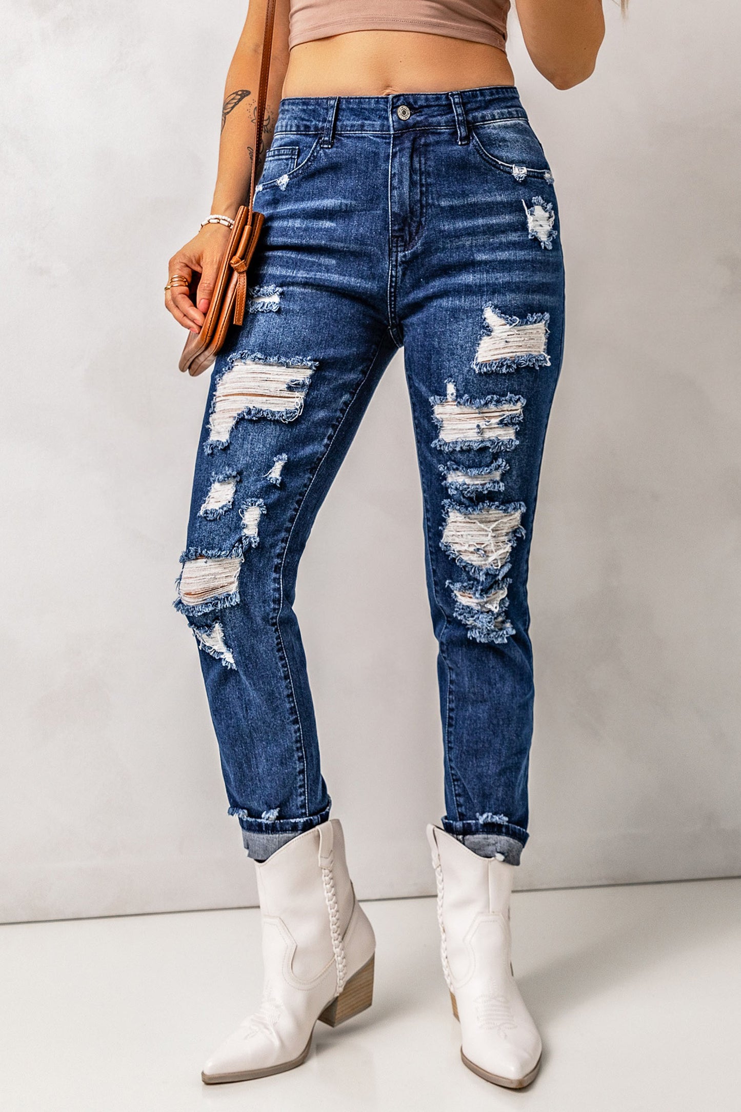 Distressed High Waist Jeans with Pockets