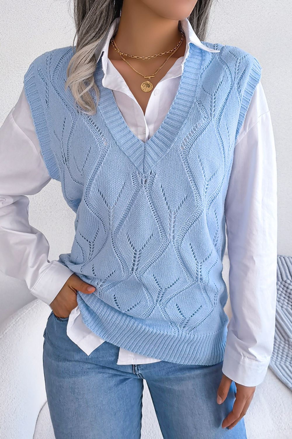 Openwork Ribbed Trim Sweater Vest