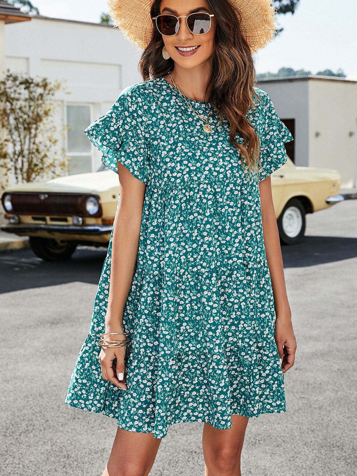 Short Flounce Sleeve Tiered Dress