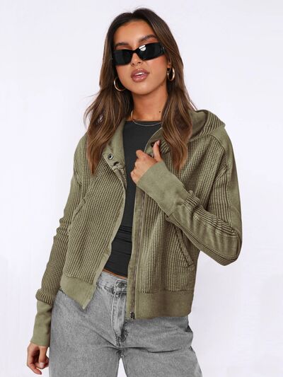 Waffle-Knit Dropped Shoulder Hooded Jacket