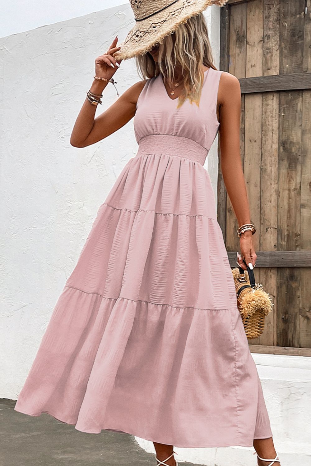 V-Neck Smocked Waist Sleeveless Tiered Dress