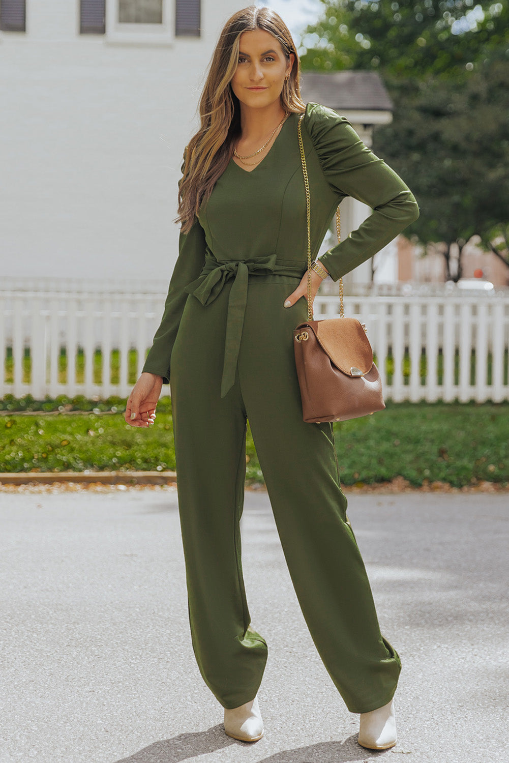 Belted Long Puff Sleeve V-Neck Jumpsuit