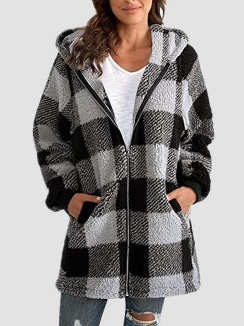 Plaid Zip Up Hooded Jacket with Pockets